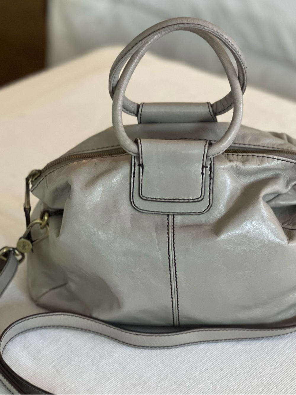 HOBO Leather Satchel Crossbody Bag – Gray Ring Handle